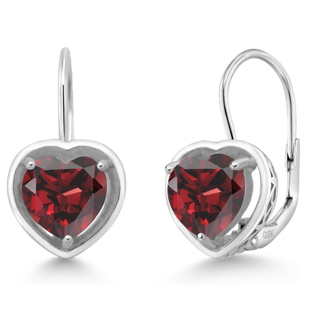 925 Sterling Silver with 2.60 Cttw 7MM Red Garnet Heart Leverback Drop Earrings